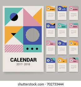 The concept of the calendar for 2018. Vector template print template for 12 months with abstract vintage compositions. Corporate style of the calendar with geometric cards.