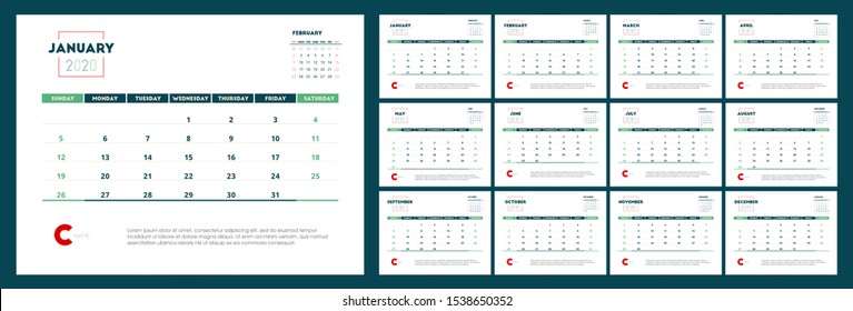 Concept of calendar for 2020. Vector set corporate and business template design. Clean and a simple stationary template. Template for annual calendar 2020.  Week starts on Sunday. Isolated background.