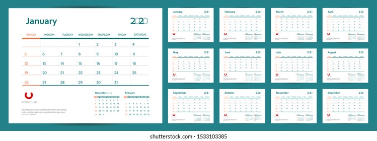 Concept of calendar planner for 2020. Vector set corporate template design. Clean and a simple stationary template. Template for annual calendar 2020.  Week starts on Sunday. Isolated background.