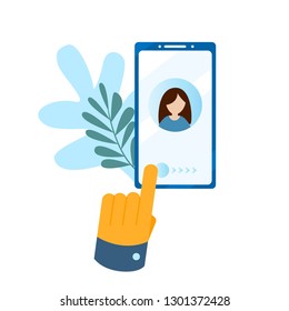 Concept of the call, address book, note book. Big hand presses the button on the smartphone screen. Contact us icon. Modern flat vector illustration concept, isolated on white background.