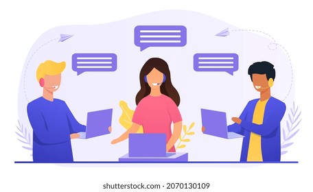 Concept of call center. Characters answer customer questions. Technical customer support. Man and woman at laptops write answers to users questions, website. Cartoon flat vector illustration