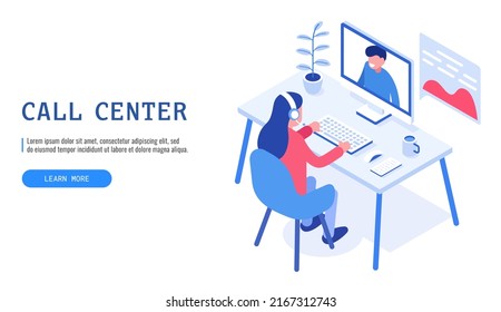 Concepto de centro de llamadas. La operadora se comunica con un cliente. Isométrica ilustración vectorial.