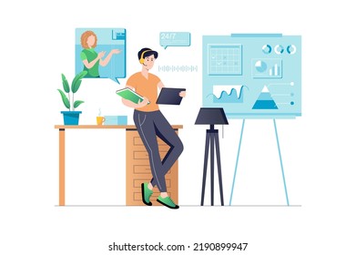 Concept call center with people scene in flat cartoon style. Call center employee informs the client about products and services she is interested in by phone. Vector illustration.