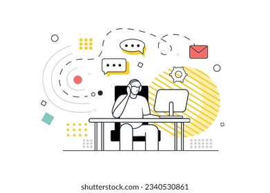 Concept call center with people scene in the flat line cartoon design. A call center employee tries to answer all customer calls. Vector illustration.