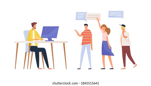 Concept of call center service, questions processing. Group of people asking customer support specialist, smm manager. Man in headset sitting at desk. Vector illustration in flat cartoon style