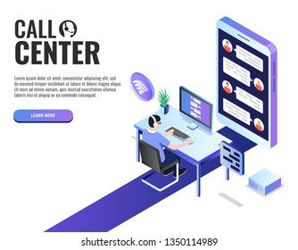Concept of call center.  Technical support or dispatcher call center. Male operator on call center. Isometric vector illustration.
