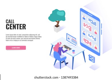 Concept of call center.  Technical support or dispatcher call center. Female operator on call center. Isometric vector illustration.