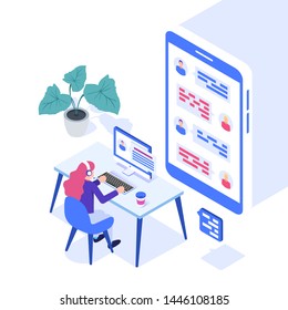 Concept of call center. Technical support or dispatcher call center. Female operator on call center. Isometric vector illustration.