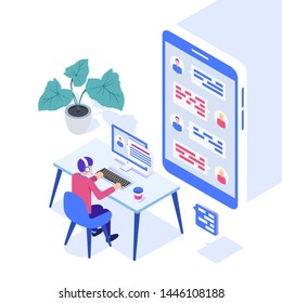 Concept of call center. Technical support or dispatcher call center. Male operator on call center. Isometric vector illustration.