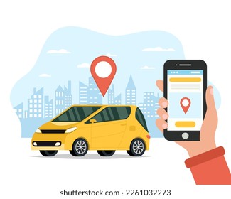 El concepto de llamar a un taxi a través de una aplicación móvil. Llamada de taxi. Ilustración vectorial.