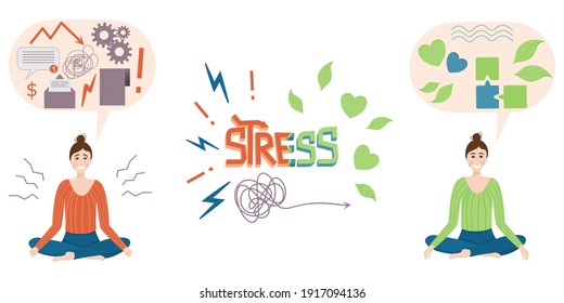 The Concept Of Calm. Nervous Stressed Woman Calms Down. Get Rid Of Work Problems And Find Peace. Lettering Stress. Vector Illustration.