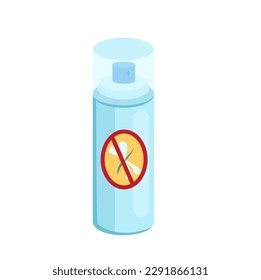 Concepto Camping antimosquitos spray. Esta ilustración muestra un concepto plano, vectorial, de una botella de aerosol antimosquitos al estilo de las caricaturas que sería útil para acampar. Ilustración vectorial.