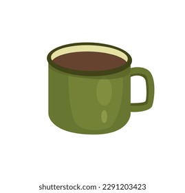 Concept Camping cup mug. The illustration is a flat vector design of a green cup for camping, depicted on a white background. Vector illustration.