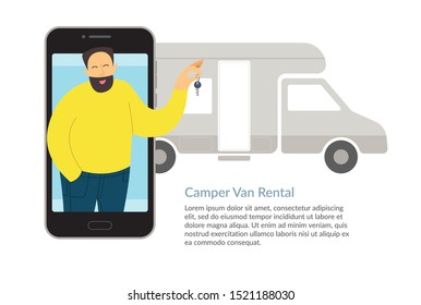 The concept of camping, selection and camper rentals via the Internet on the phone. Vector illustration, template.