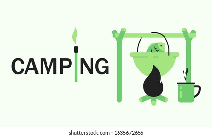 Concept camping text with match and pot with fish soup cooking on camp fire
