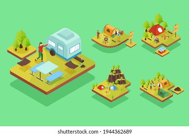 El concepto de camping vacacional de estilo isométrico. Junto con los equipos de acampada como una carpa, una mochila, un coche, una casa, una silla, un equipo de parrilladas. 