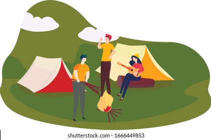  El concepto de camping con naturaleza salvaje al aire libre.Tiendas con fuego en un fondo forestal. Una chica toca la guitarra. Viajes de verano. Amigos. Ilustración vectorial en estilo plano .
