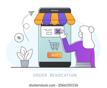 Concept of cancelled order. Girl put product in shopping cart by mistake. Cancel action, online shopping, modern technology