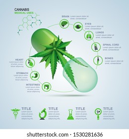 concept of cannabis for medical uses infographic, green pill with cannabis leaf inside