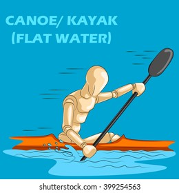 Concept of Canoe or Kayak with wooden human mannequin. Vector illustration