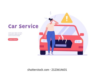 Concept of car accident, broken vehicle, car breakdown, breaking automobile, crash. Sad woman standing beside auto with auto breakdown without car insurance. Girl in car accident. Vector illustration