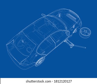 Concept car with Floor Car Jack. Vector rendering of 3d. Wire-frame style. The layers of visible and invisible lines are separated