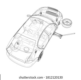 Concept car with Floor Car Jack. Vector rendering of 3d. Wire-frame style. The layers of visible and invisible lines are separated