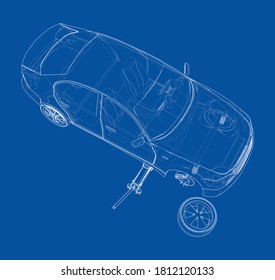 Coche de diseño con el Jack de coches del piso. Representación vectorial de 3d. Estilo de marco de cables. Las capas de líneas visibles e invisibles están separadas