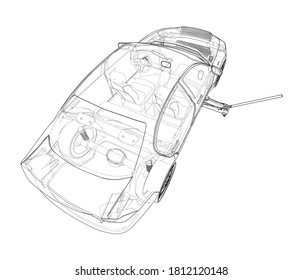 Concept car with Floor Car Jack. Vector rendering of 3d. Wire-frame style. The layers of visible and invisible lines are separated