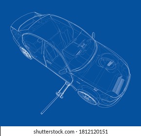 Concept car with Floor Car Jack. Vector rendering of 3d. Wire-frame style. The layers of visible and invisible lines are separated