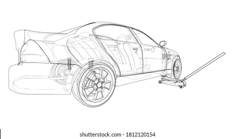 Concept car with Floor Car Jack. Vector rendering of 3d. Wire-frame style. The layers of visible and invisible lines are separated