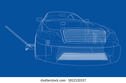 Concept car with Floor Car Jack. Vector rendering of 3d. Wire-frame style. The layers of visible and invisible lines are separated