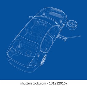 Concept car with Floor Car Jack. Vector rendering of 3d. Wire-frame style. The layers of visible and invisible lines are separated