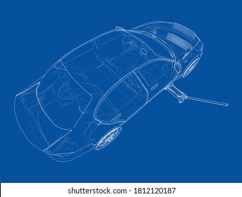 Concept car with Floor Car Jack. Vector rendering of 3d. Wire-frame style. The layers of visible and invisible lines are separated