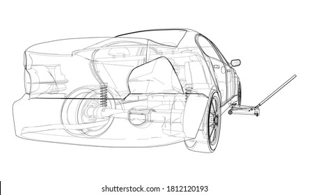 Coche de diseño con el Jack de coches del piso. Representación vectorial de 3d. Estilo de marco de cables. Las capas de líneas visibles e invisibles están separadas