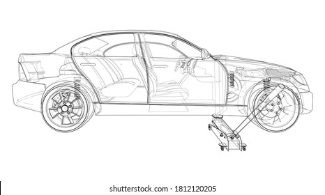 Concept car with Floor Car Jack. Vector rendering of 3d. Wire-frame style. The layers of visible and invisible lines are separated