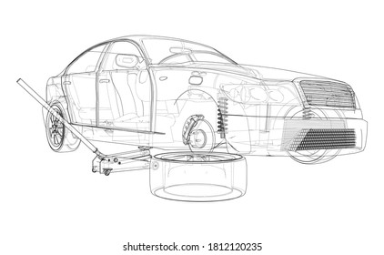 Concept car with Floor Car Jack. Vector rendering of 3d. Wire-frame style. The layers of visible and invisible lines are separated