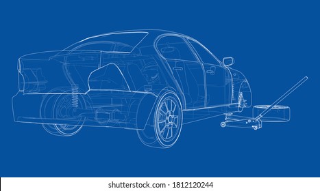 Concept car with Floor Car Jack. Vector rendering of 3d. Wire-frame style. The layers of visible and invisible lines are separated