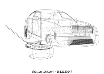 Concept car with Floor Car Jack. Vector rendering of 3d. Wire-frame style. The layers of visible and invisible lines are separated