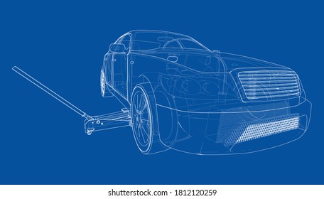 Concept car with Floor Car Jack. Vector rendering of 3d. Wire-frame style. The layers of visible and invisible lines are separated