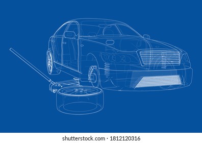 Concept car with Floor Car Jack. Vector rendering of 3d. Wire-frame style. The layers of visible and invisible lines are separated