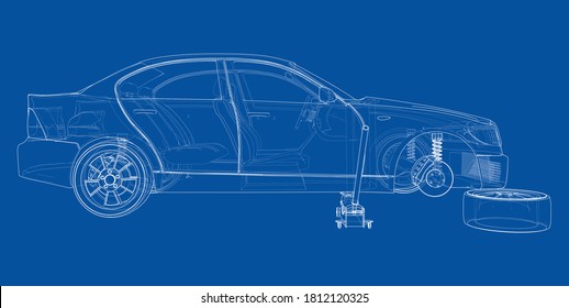 Konzept Auto mit Floor Car Jack. Vektorgrafik von 3d. Wire-Frame-Stil. Die Schichten sichtbarer und unsichtbarer Linien sind getrennt
