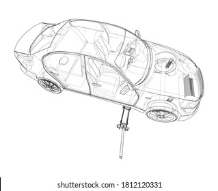 Concept car with Floor Car Jack. Vector rendering of 3d. Wire-frame style. The layers of visible and invisible lines are separated