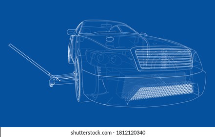 Concept car with Floor Car Jack. Vector rendering of 3d. Wire-frame style. The layers of visible and invisible lines are separated