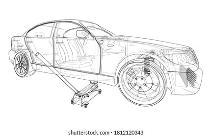 Concept car with Floor Car Jack. Vector rendering of 3d. Wire-frame style. The layers of visible and invisible lines are separated