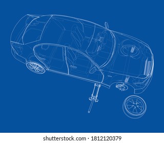 Concept car with Floor Car Jack. Vector rendering of 3d. Wire-frame style. The layers of visible and invisible lines are separated