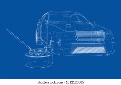 Coche de diseño con el Jack de coches del piso. Representación vectorial de 3d. Estilo de marco de cables. Las capas de líneas visibles e invisibles están separadas