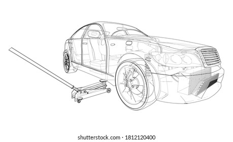 Concept car with Floor Car Jack. Vector rendering of 3d. Wire-frame style. The layers of visible and invisible lines are separated