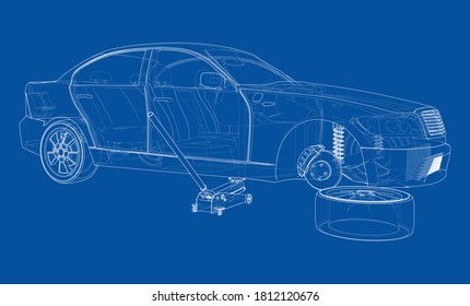 Concept car with Floor Car Jack. Vector rendering of 3d. Wire-frame style. The layers of visible and invisible lines are separated