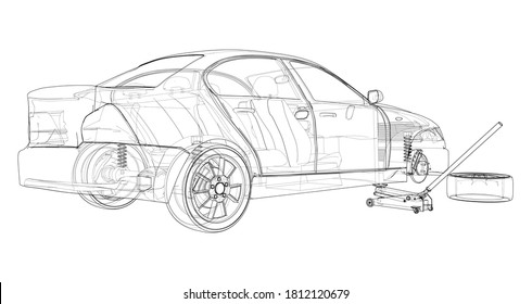 Concept car with Floor Car Jack. Vector rendering of 3d. Wire-frame style. The layers of visible and invisible lines are separated